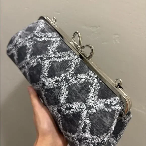 Genuine Leather Denim Quilted Pattern, Handmade Unique Bow Kisslock Baguette Bag